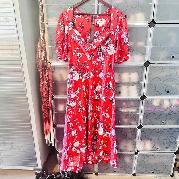 Anthropologie Maeve Dress 16 Plus Flowy Summer Sweetheart Neckline Floral Red - Picture 3 of 10